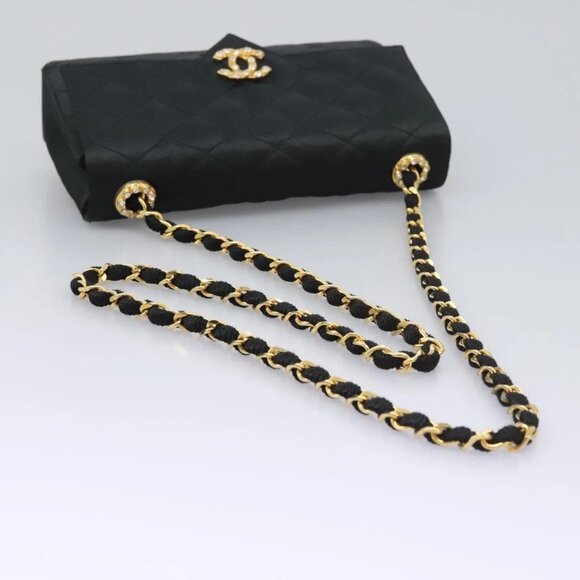 CHANEL Matelasse 23 Single Flap Chain Bag Satin Black Gold CC Auth - Picture 6 of 15